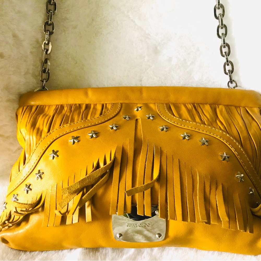 JIMMY CHOO INA NAPPA FRINGED MUSTARD YELLOW LEATHER CLUTCH (AUTHENTIC)